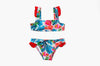 Blue Hibiscus Red Ruffle Bikini